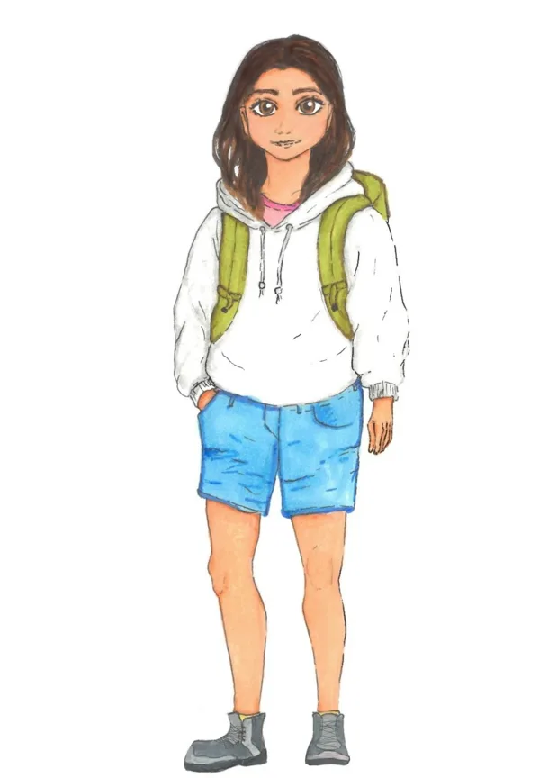 Clara dessinée en coton ouaté blanc, short en jean et sac à dos vert